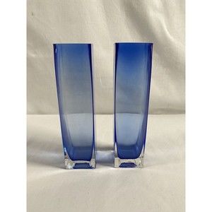 Pair of Cobalt Blue Crystal Glass Square Vase 8” Tall 2” Square READ